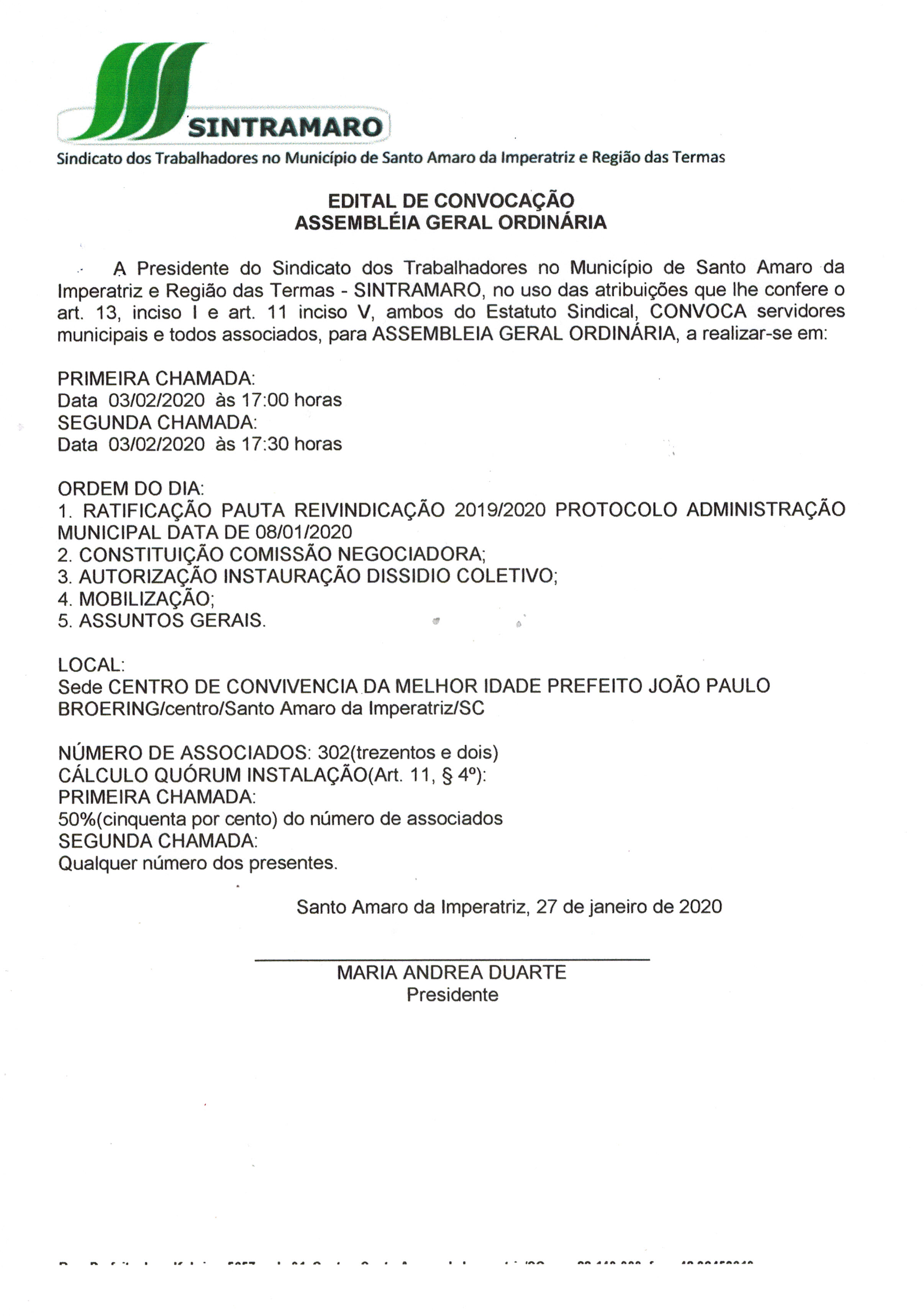 EDITAL DE CONVOCAÇÃO ASSEMBLÉIA GERAL ORDINÁRIA