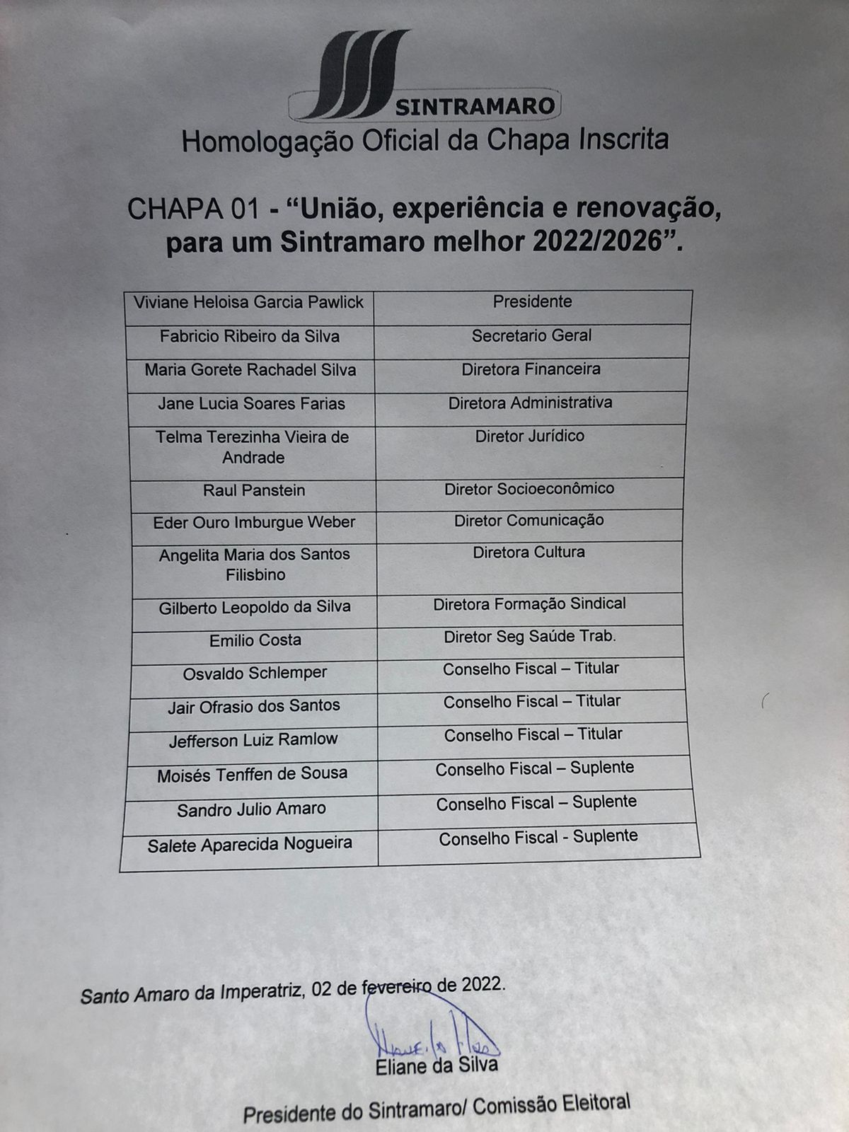 HOMOLOGAÇÃO OFICIAL DA CHAPA INSCRITA